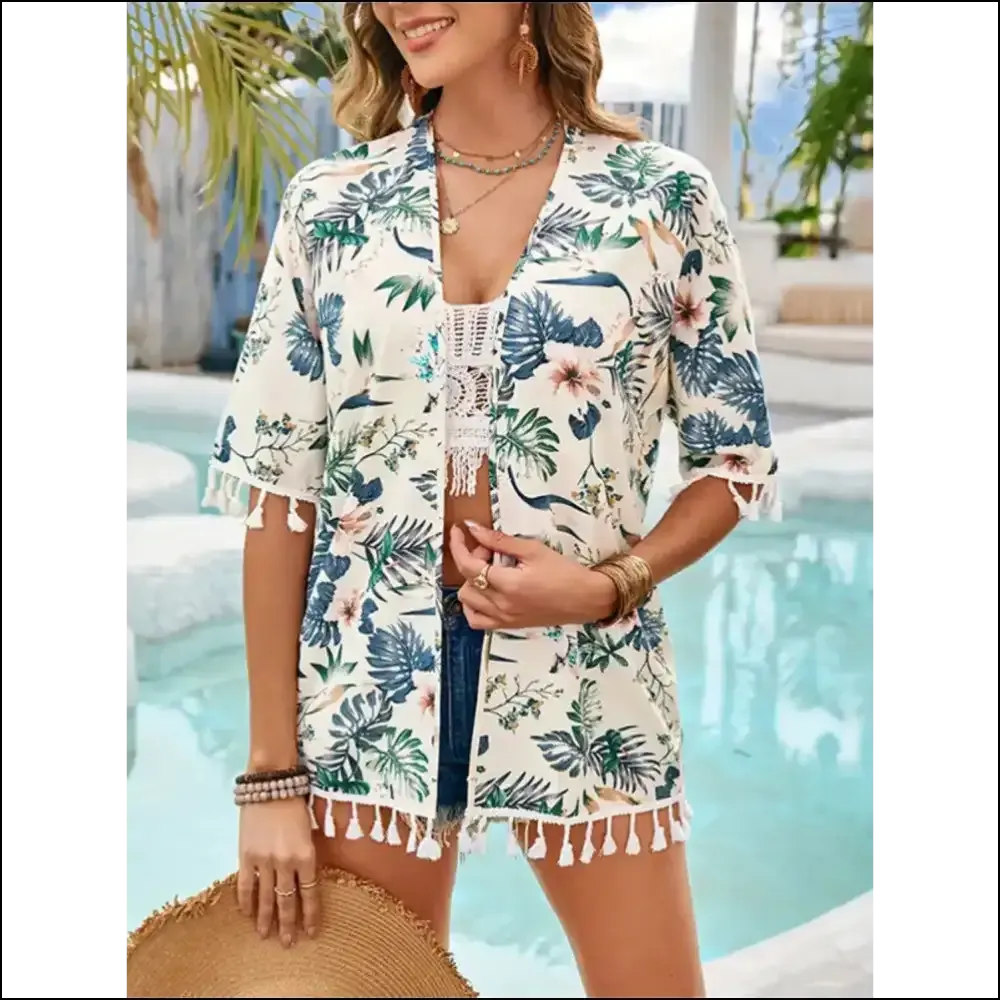 Chic Tassel Printed Open Front Half Sleeve Cover-Up
