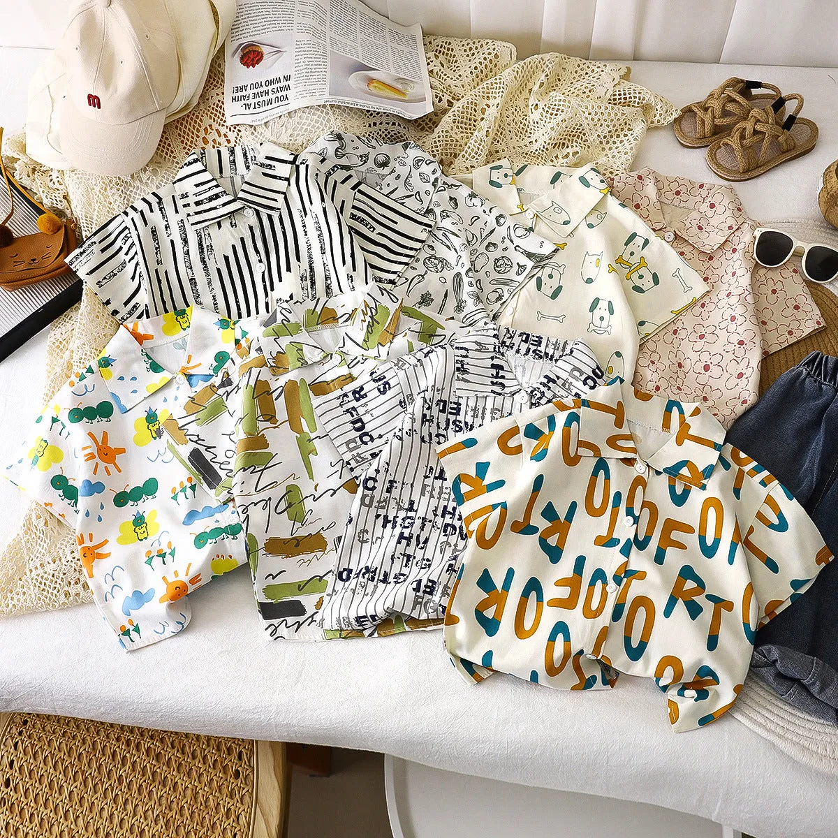 Children's shirts summer pure cotton new boys Korean version short-sleeved baby shirts floral children's tops children's clothing