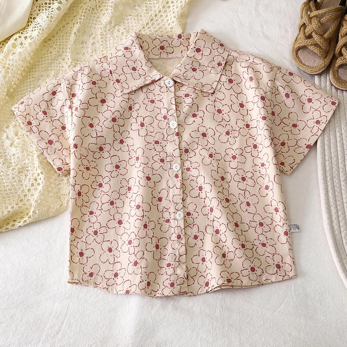 Children's shirts summer pure cotton new boys Korean version short-sleeved baby shirts floral children's tops children's clothing