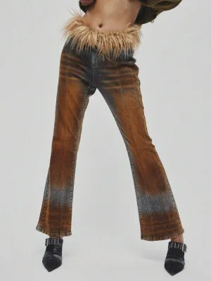 CM-BS152133 Women Casual Seoul Style Feather Decor Contrast Color Washed Denim Jeans