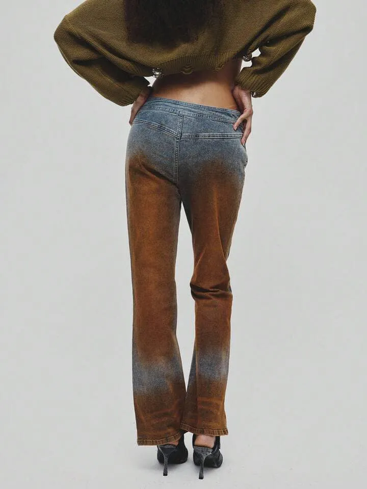 CM-BS152133 Women Casual Seoul Style Feather Decor Contrast Color Washed Denim Jeans
