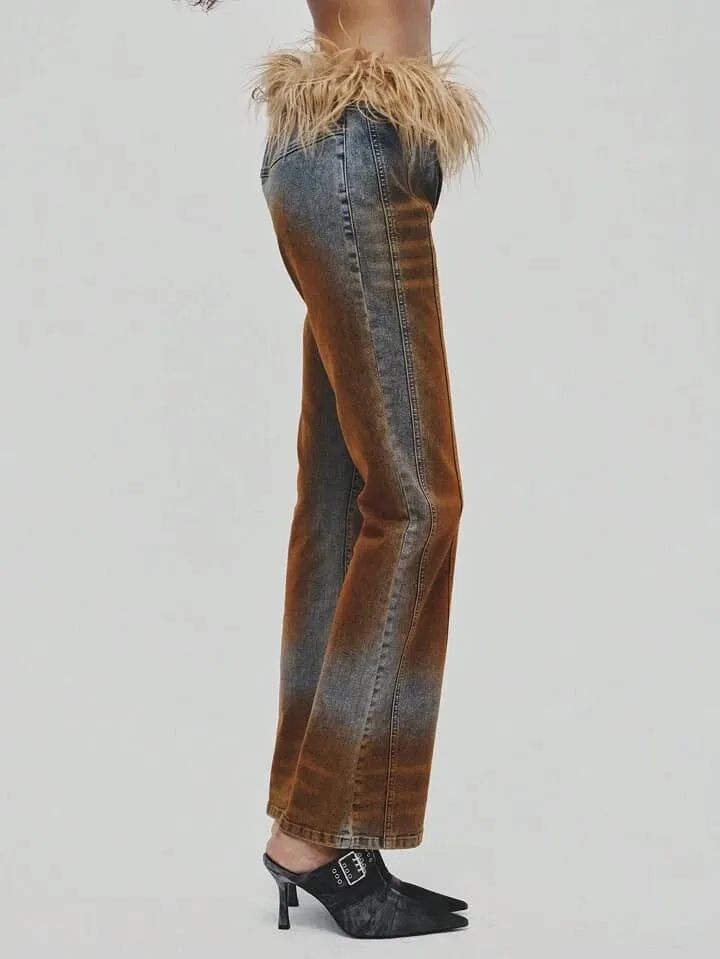 CM-BS152133 Women Casual Seoul Style Feather Decor Contrast Color Washed Denim Jeans