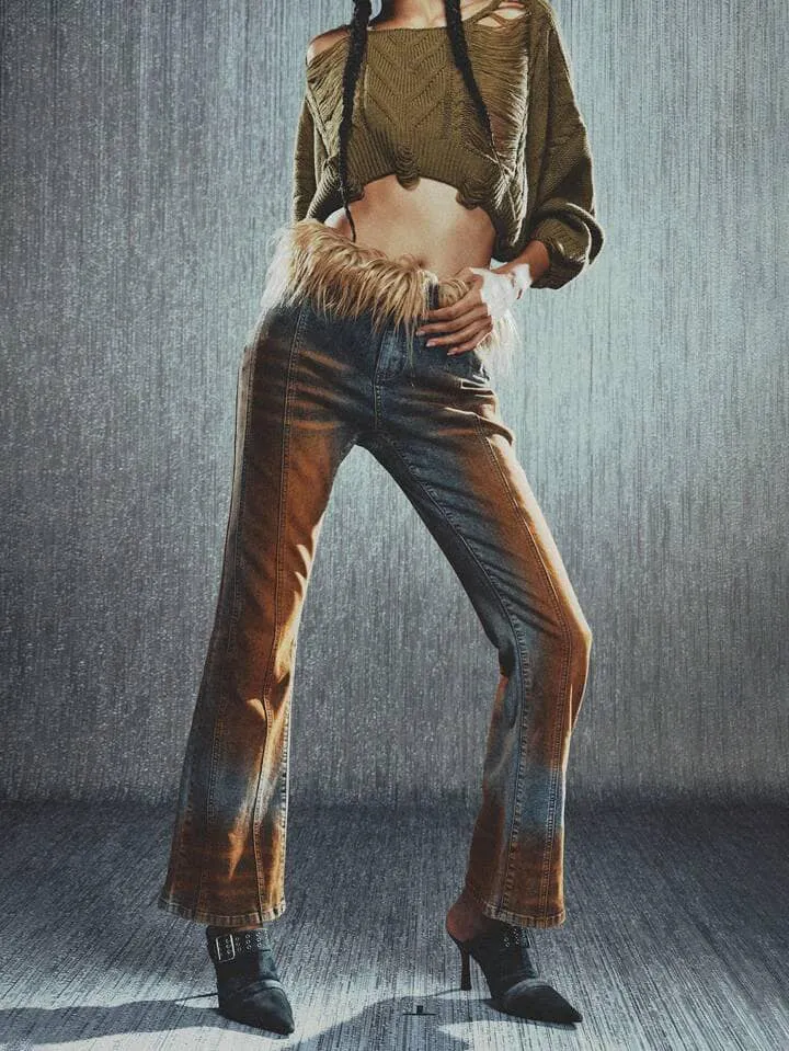CM-BS152133 Women Casual Seoul Style Feather Decor Contrast Color Washed Denim Jeans
