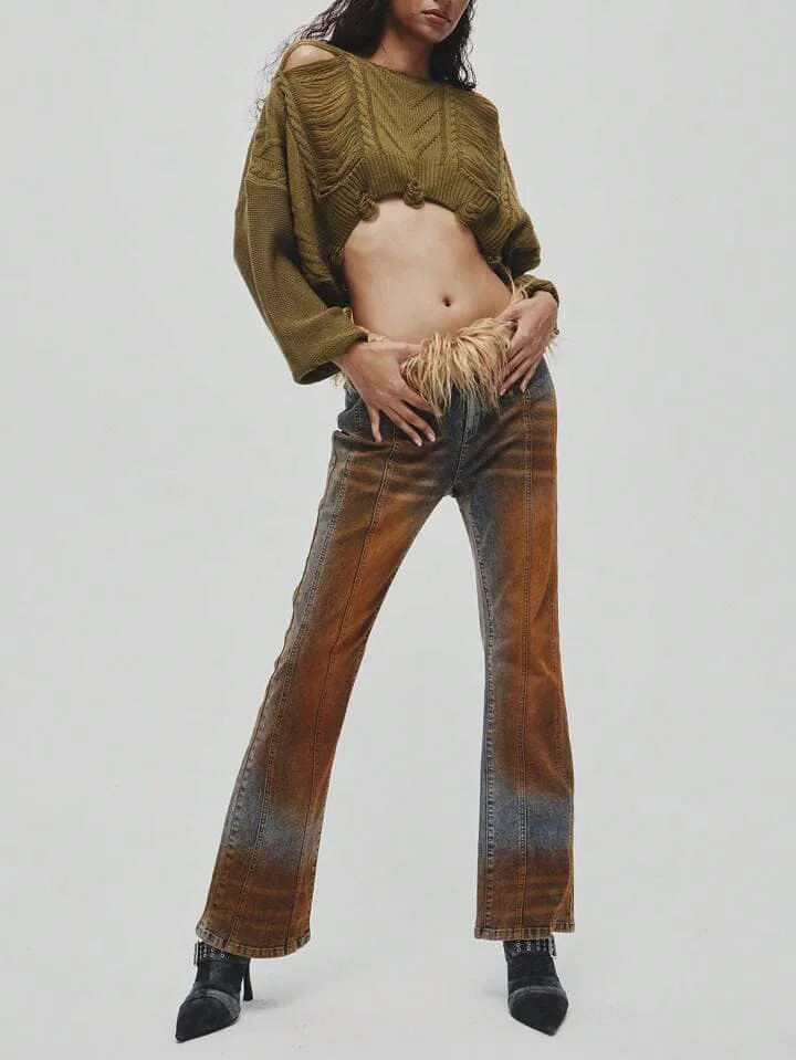 CM-BS152133 Women Casual Seoul Style Feather Decor Contrast Color Washed Denim Jeans