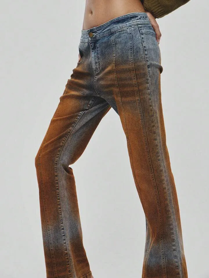 CM-BS152133 Women Casual Seoul Style Feather Decor Contrast Color Washed Denim Jeans