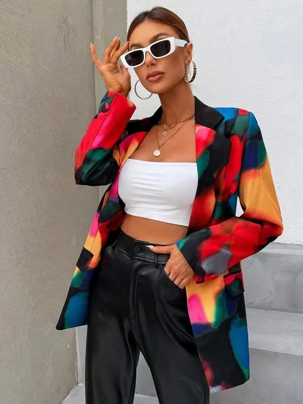 CM-CS249804 Women Elegant Seoul Style Long Sleeve Tie Dye Single Button Blazer