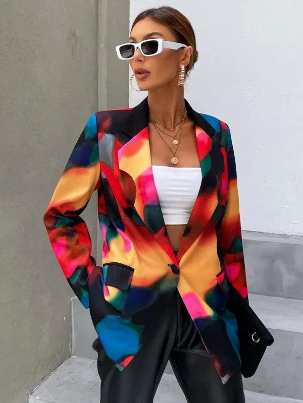 CM-CS249804 Women Elegant Seoul Style Long Sleeve Tie Dye Single Button Blazer