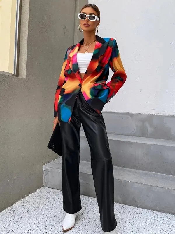 CM-CS249804 Women Elegant Seoul Style Long Sleeve Tie Dye Single Button Blazer