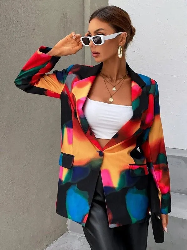 CM-CS249804 Women Elegant Seoul Style Long Sleeve Tie Dye Single Button Blazer