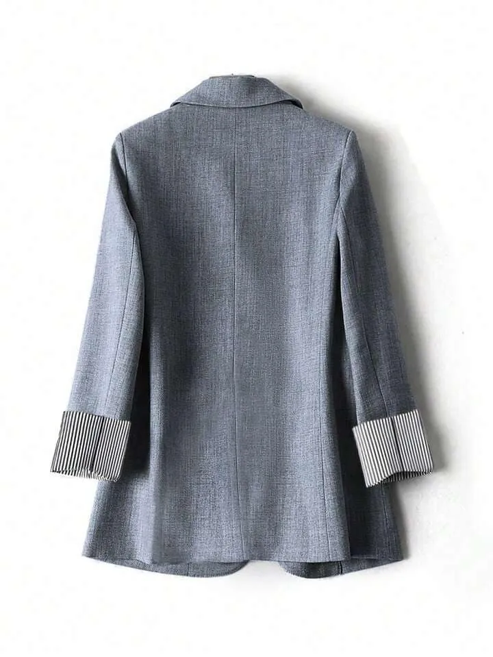 CM-CS962378 Women Casual Seoul Style Striped Patchwork Long Sleeve Notched Collar Blazer