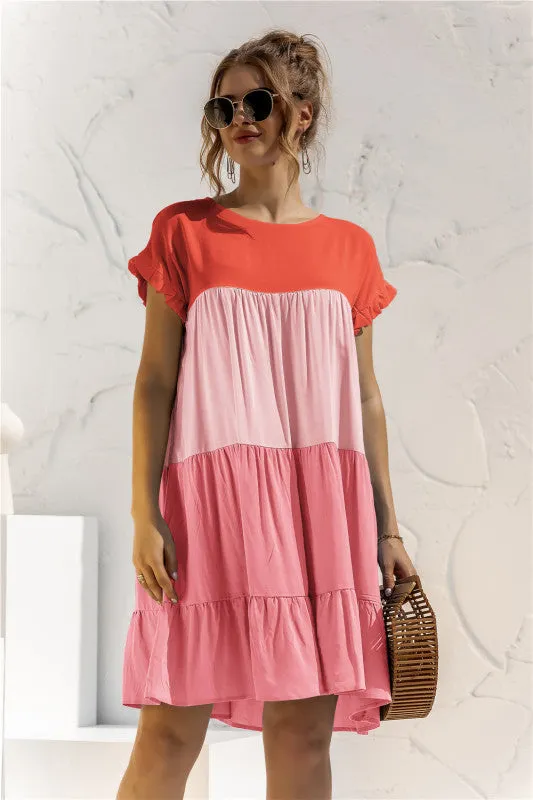 Color Block Baby Doll Dress with Ruffle Sleeves