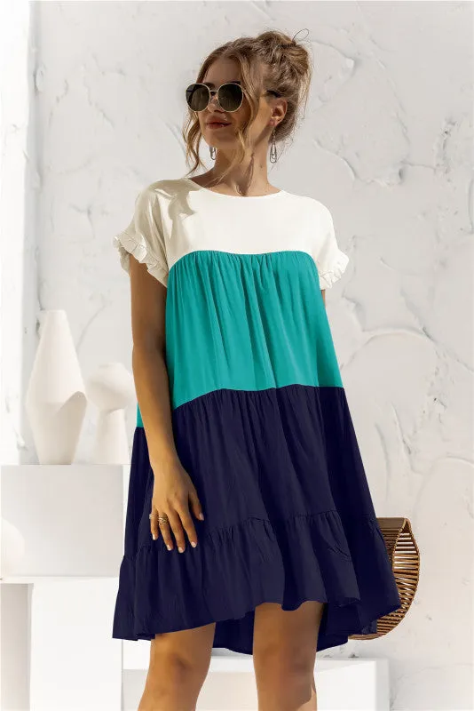 Color Block Baby Doll Dress with Ruffle Sleeves