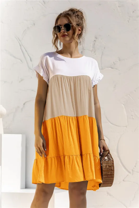 Color Block Baby Doll Dress with Ruffle Sleeves
