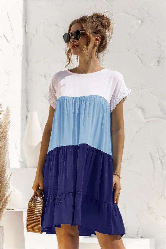 Color Block Baby Doll Dress with Ruffle Sleeves