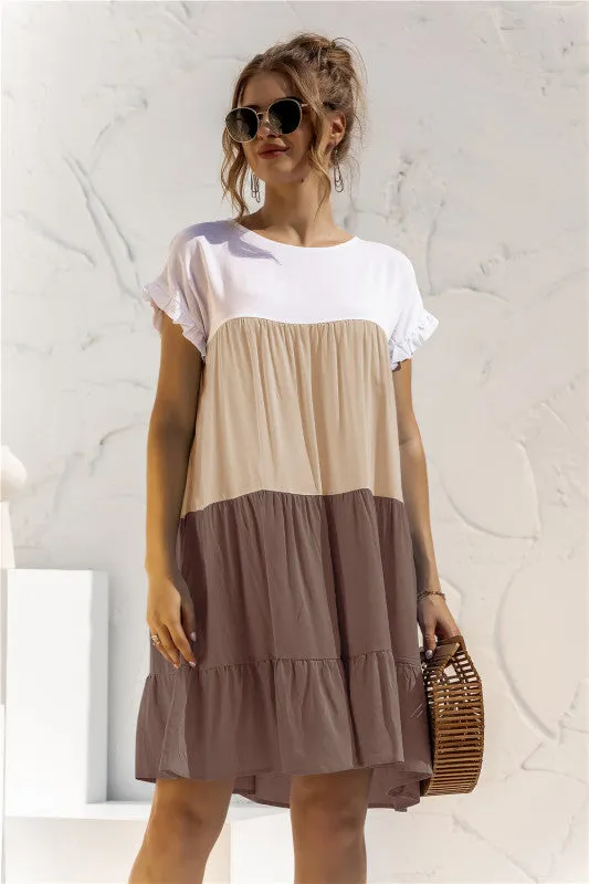 Color Block Baby Doll Dress with Ruffle Sleeves