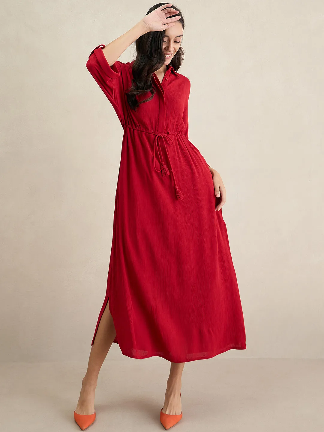 Cranberry Crinkled Shirt Maxi Dress