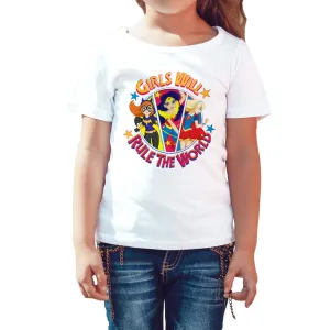 DC Super Hero Girls Batgirl Wonder Woman Supergirl Rule The World Profile Official Kids T-Shirt (White)