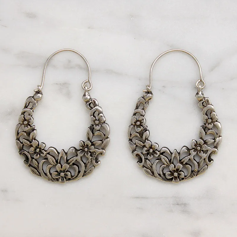 Delightful Floral Motif Sterling Silver Hoop Earrings
