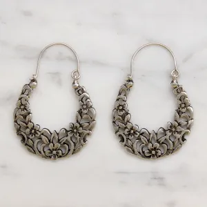 Delightful Floral Motif Sterling Silver Hoop Earrings