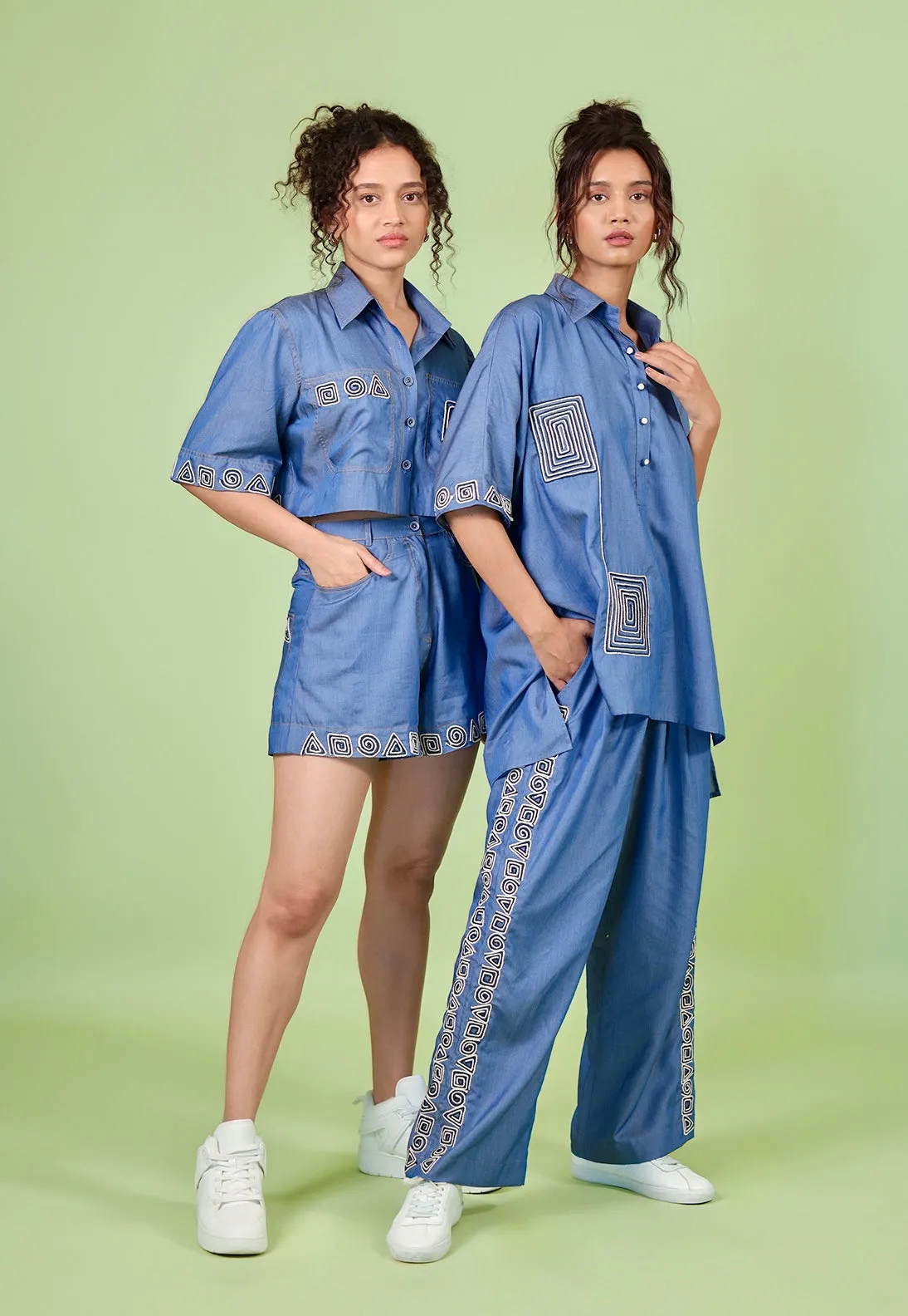 Denim Embroidered Shirt-Shorts Co-ord Set