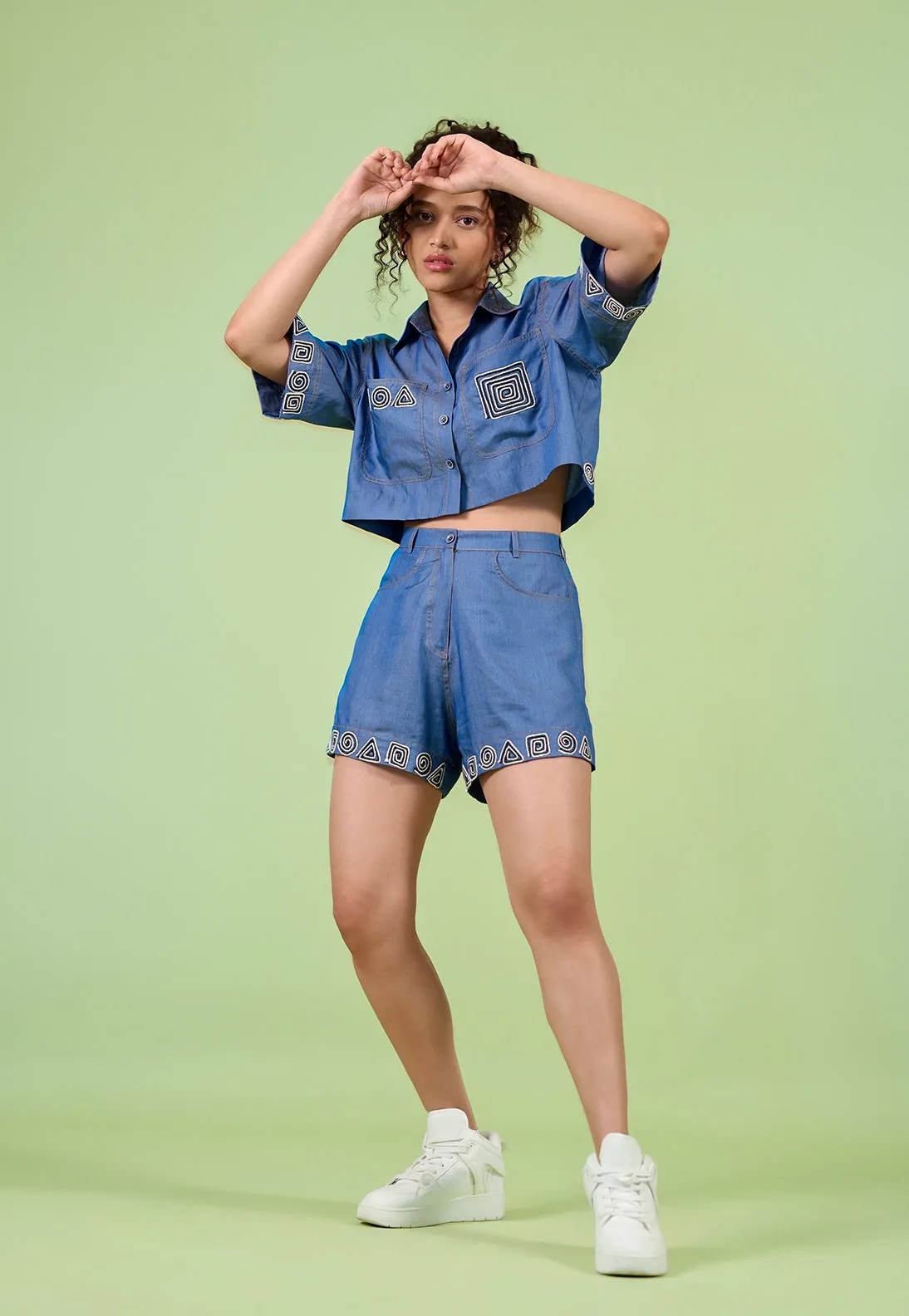 Denim Embroidered Shirt-Shorts Co-ord Set