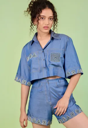 Denim Embroidered Shirt-Shorts Co-ord Set