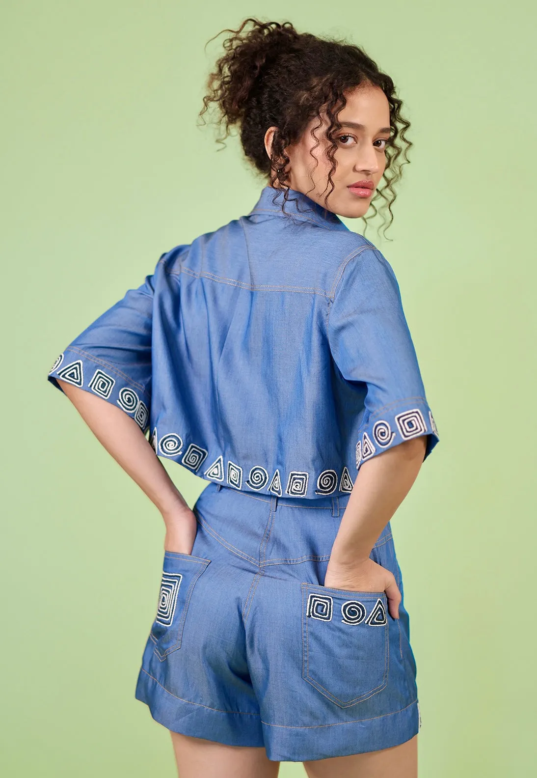 Denim Embroidered Shirt-Shorts Co-ord Set