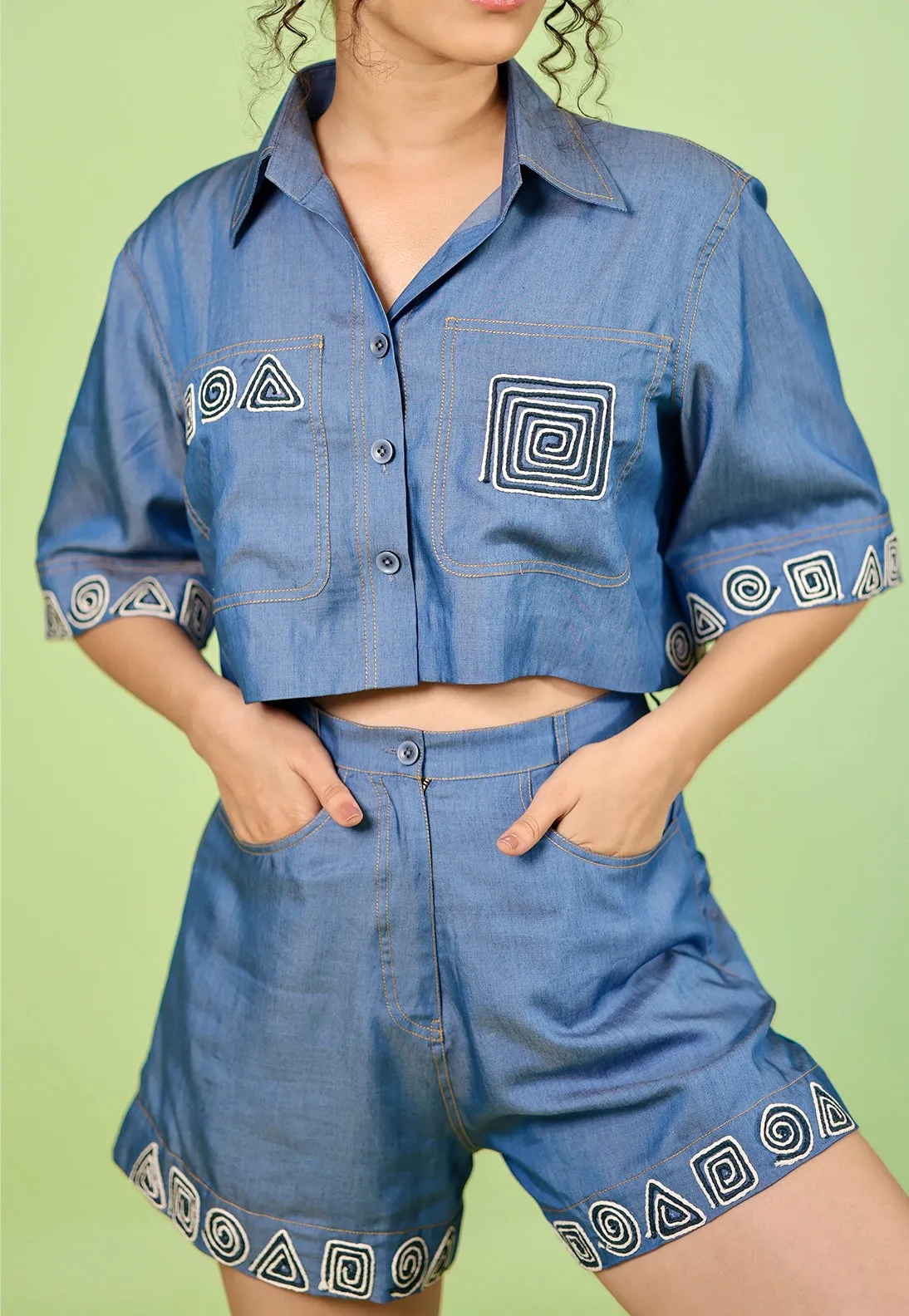 Denim Embroidered Shirt-Shorts Co-ord Set