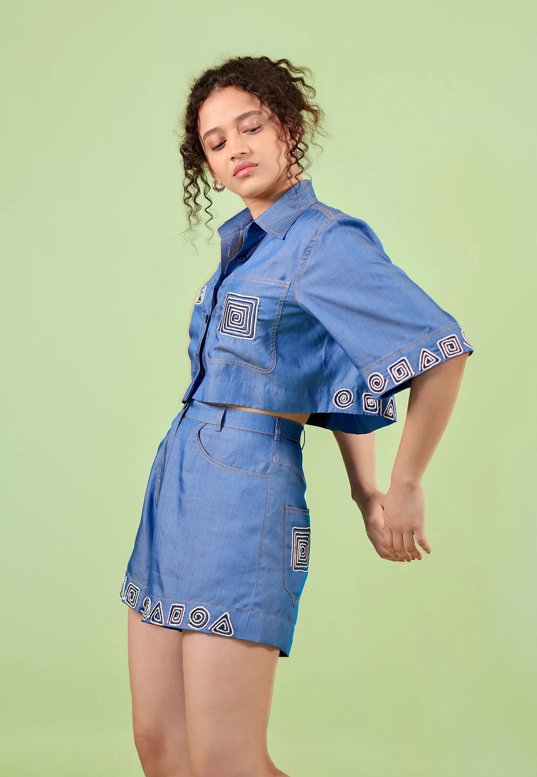 Denim Embroidered Shirt-Shorts Co-ord Set