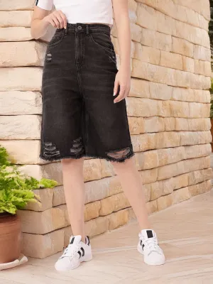 DressBerry Women Edgy Grunge Washed Distressed High-Rise Relaxed Fit Denim Shorts
