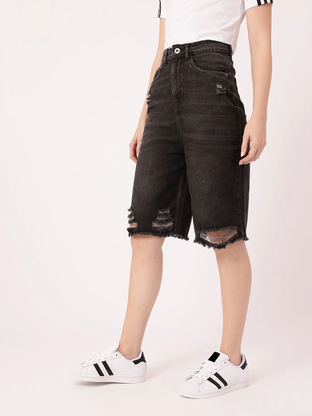 DressBerry Women Edgy Grunge Washed Distressed High-Rise Relaxed Fit Denim Shorts