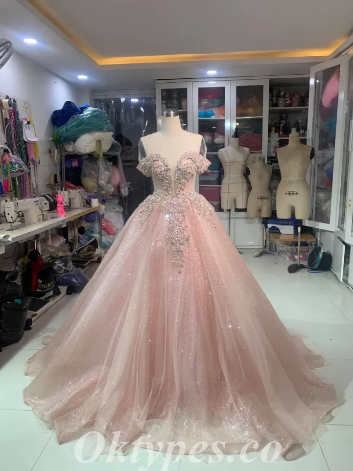 Elegant Tulle Off Shoulder V-Neck Sleeveless A-Line Long Prom Dresses/Ball Gown With Beading,PDS0696