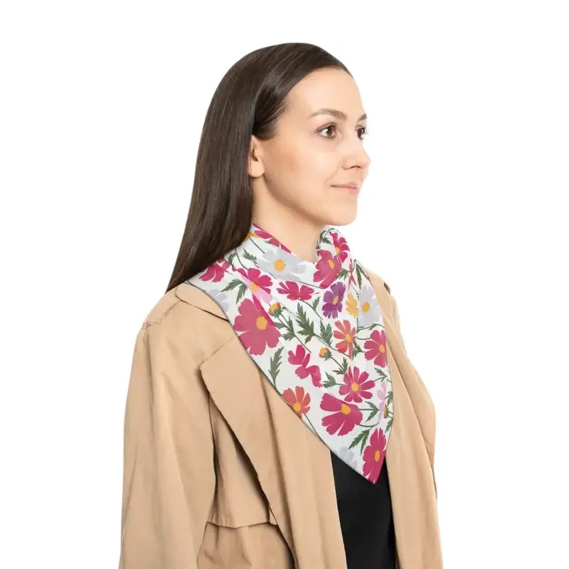 Elegant White Poly Scarf with Large Floral Pattern