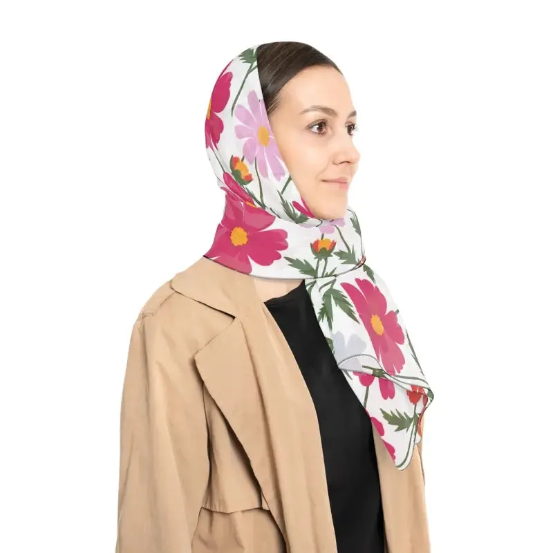 Elegant White Poly Scarf with Large Floral Pattern