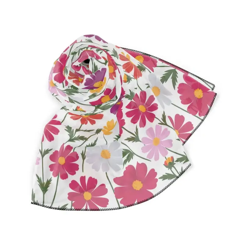 Elegant White Poly Scarf with Large Floral Pattern