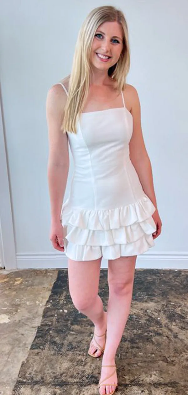Elegant White Spaghetti Straps Ruffles Simple Cheap Short Homecoming Dresses, QB0473
