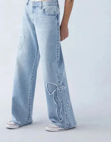 Embroidered Bow Baggy Jeans
