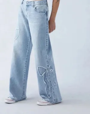 Embroidered Bow Baggy Jeans