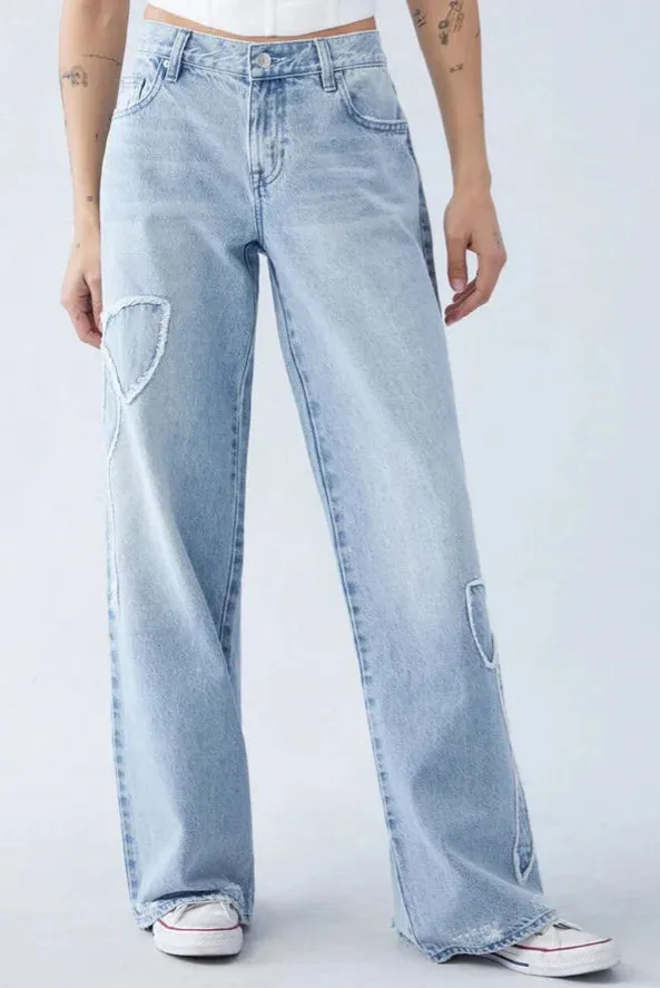 Embroidered Bow Baggy Jeans