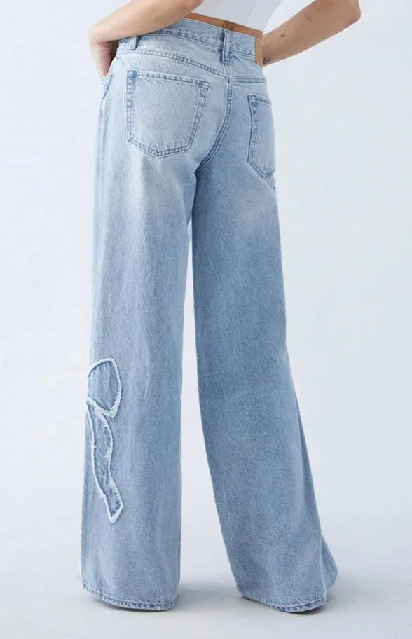 Embroidered Bow Baggy Jeans