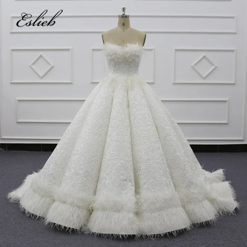 Eslieb Stunning Feathers wedding dress luxury 2020 brand real work Ball Gown Sweetheart Wedding dresses Bride Dresses Sj130