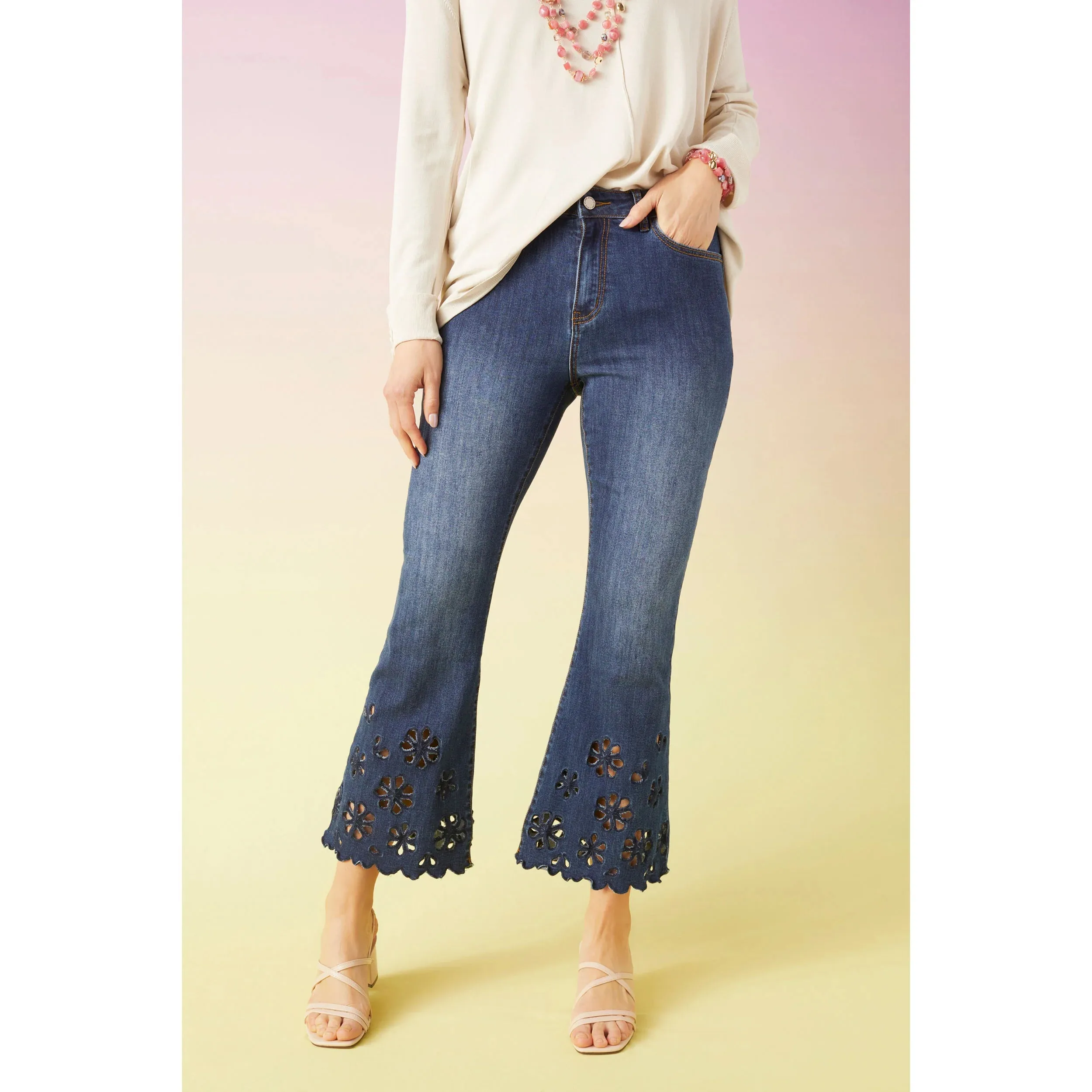 Eyelet Flowers Soft Flare Anklet Jeans