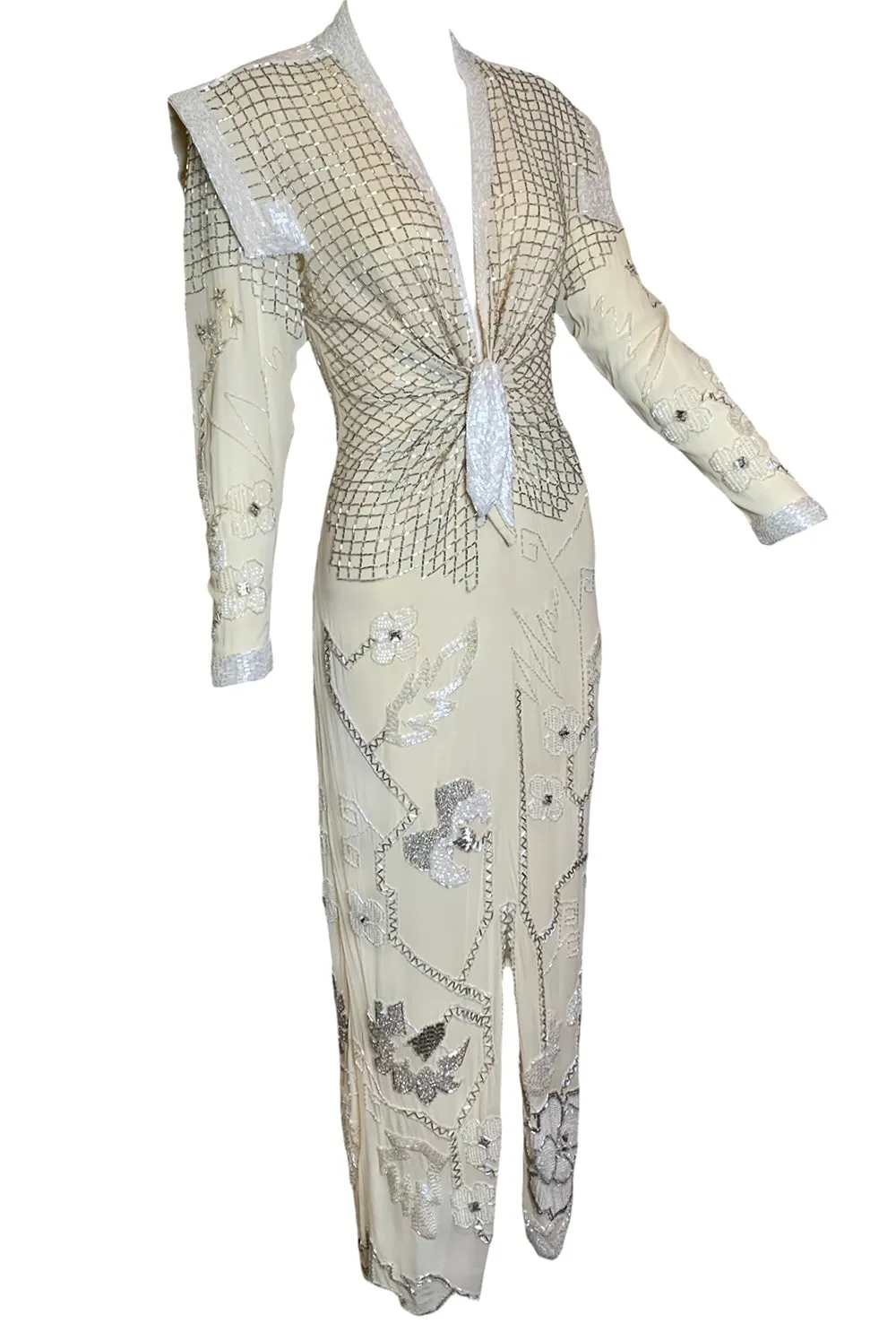 Fabrice 80s Ivory Silk  Beaded Gown with Stars and Diamonds