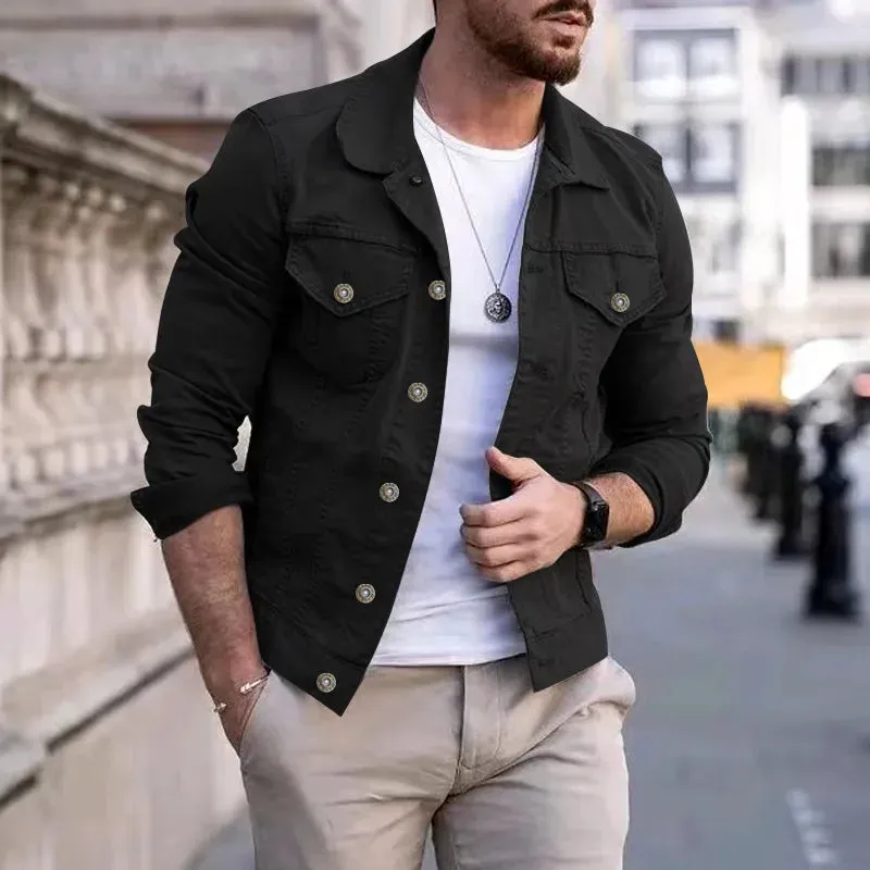 Fashion Men Jean Jacket Outerwear Casual Slim-fit Coat with Pocket Button Design Cargo Jacket Streetswear