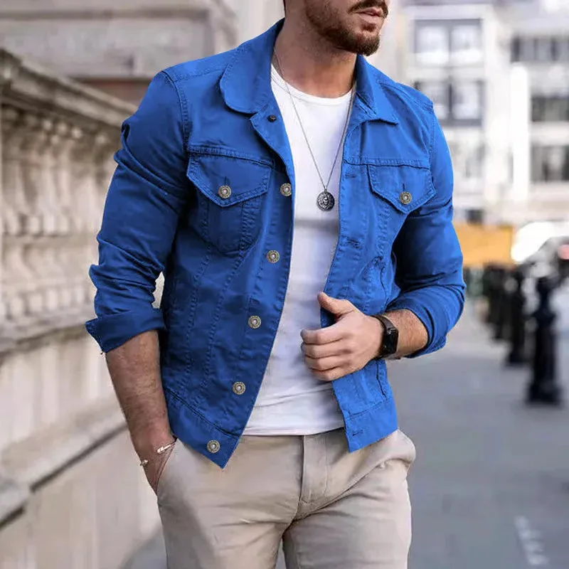 Fashion Men Jean Jacket Outerwear Casual Slim-fit Coat with Pocket Button Design Cargo Jacket Streetswear