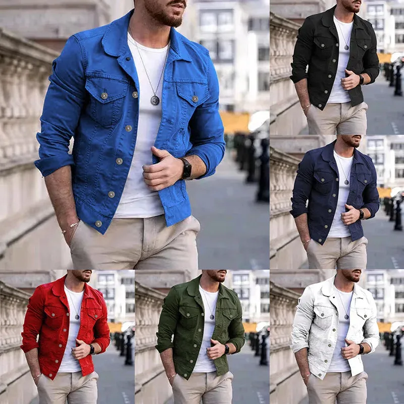 Fashion Men Jean Jacket Outerwear Casual Slim-fit Coat with Pocket Button Design Cargo Jacket Streetswear