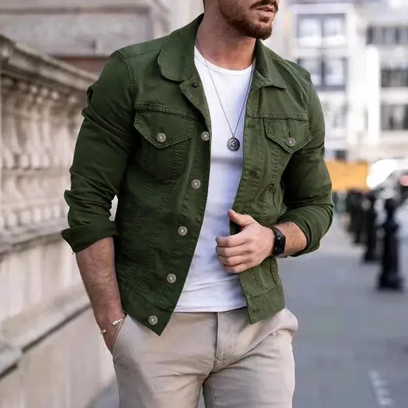 Fashion Men Jean Jacket Outerwear Casual Slim-fit Coat with Pocket Button Design Cargo Jacket Streetswear