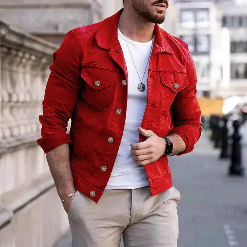 Fashion Men Jean Jacket Outerwear Casual Slim-fit Coat with Pocket Button Design Cargo Jacket Streetswear
