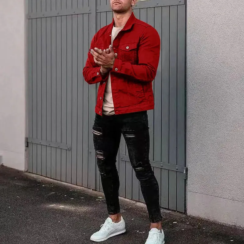 Fashion Men Jean Jacket Outerwear Casual Slim-fit Coat with Pocket Button Design Cargo Jacket Streetswear