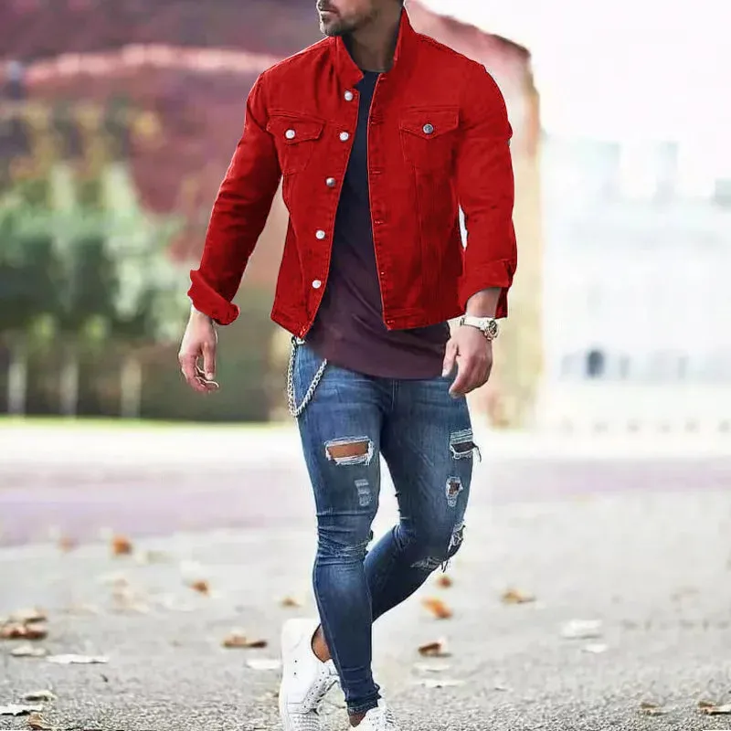 Fashion Men Jean Jacket Outerwear Casual Slim-fit Coat with Pocket Button Design Cargo Jacket Streetswear